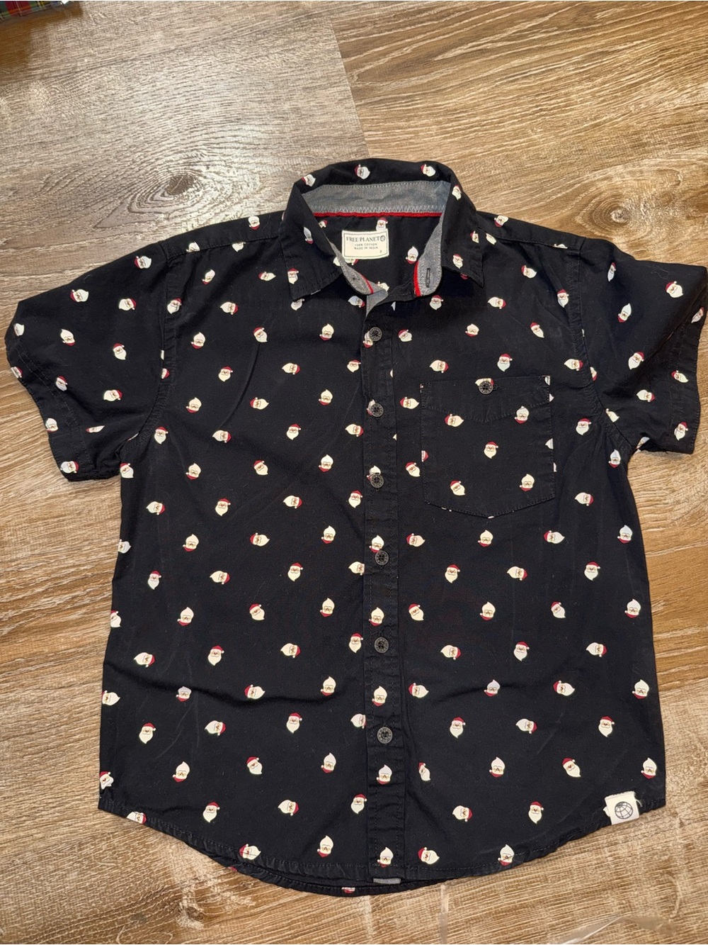 Free Planet Black Short-Sleeve Button-Down Shirt with Santa Head Print